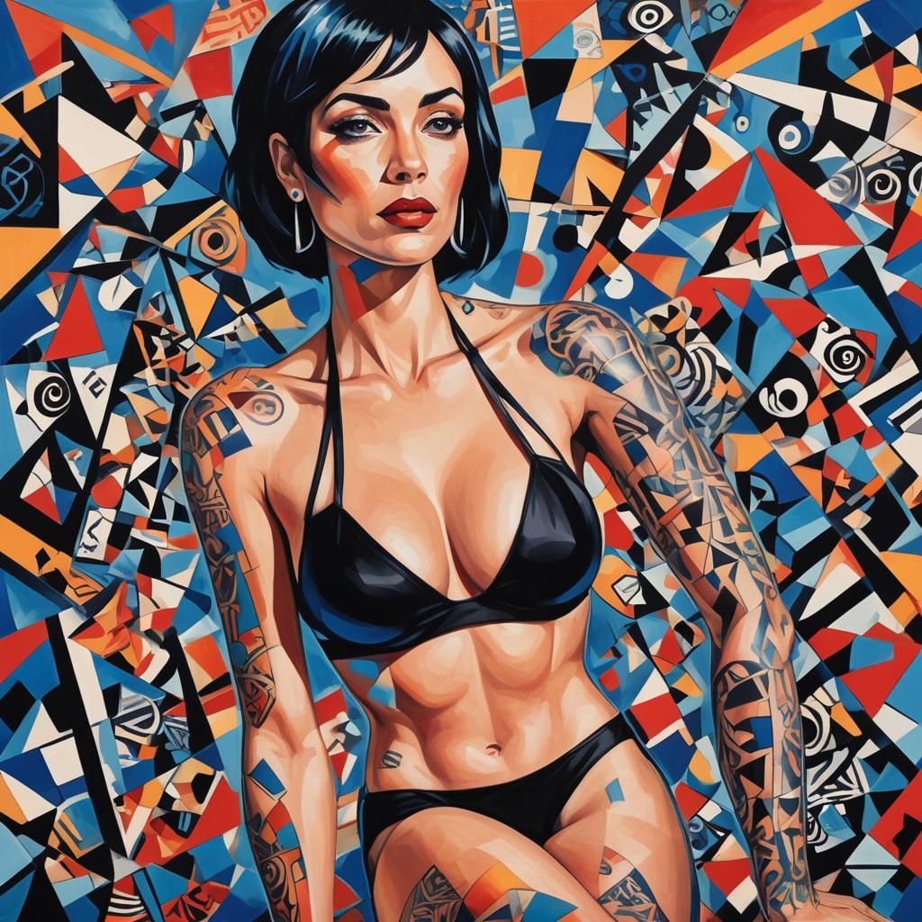 Cubist Latina with Tattoos in Geometric Fauvism