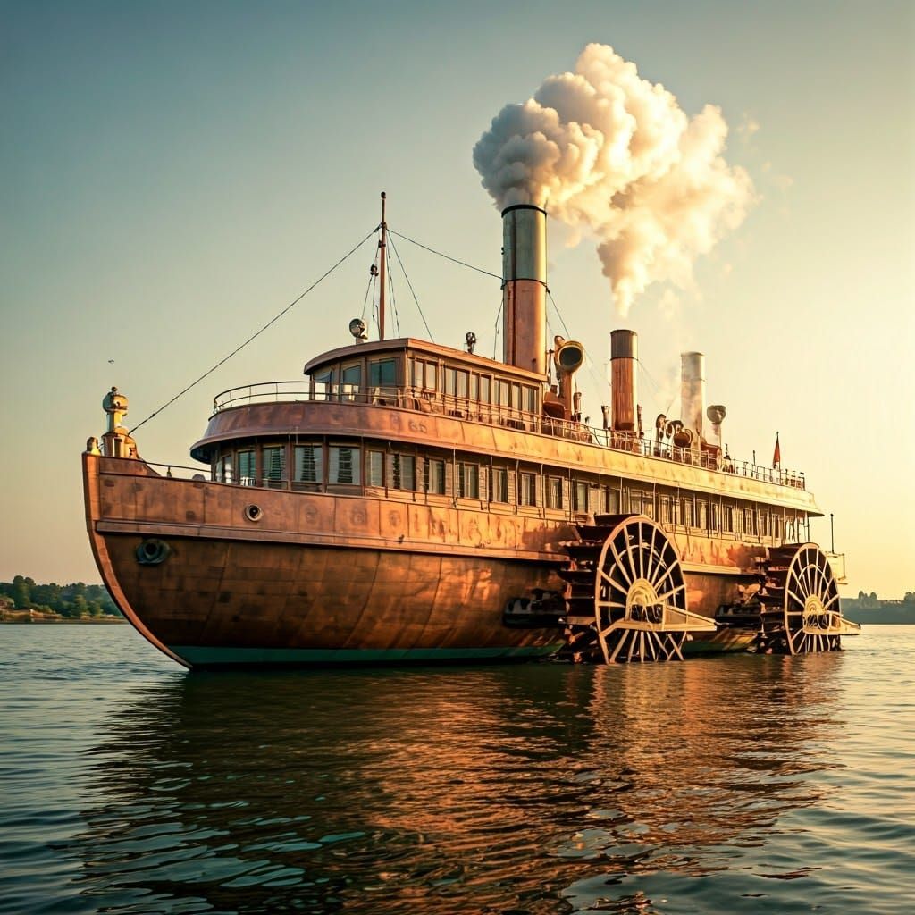 Steam-Powered Paddle Vessel in Golden-Hour Industrial Fantas...