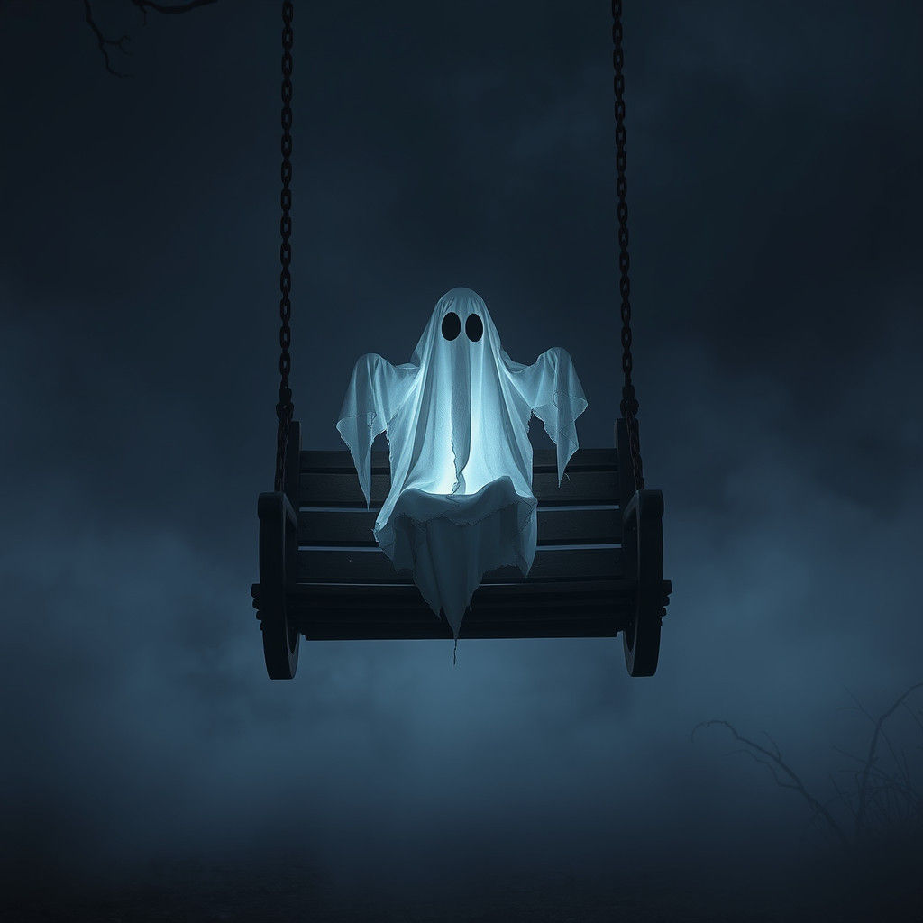 Ethereal Ghost on a Swing in Foggy Park