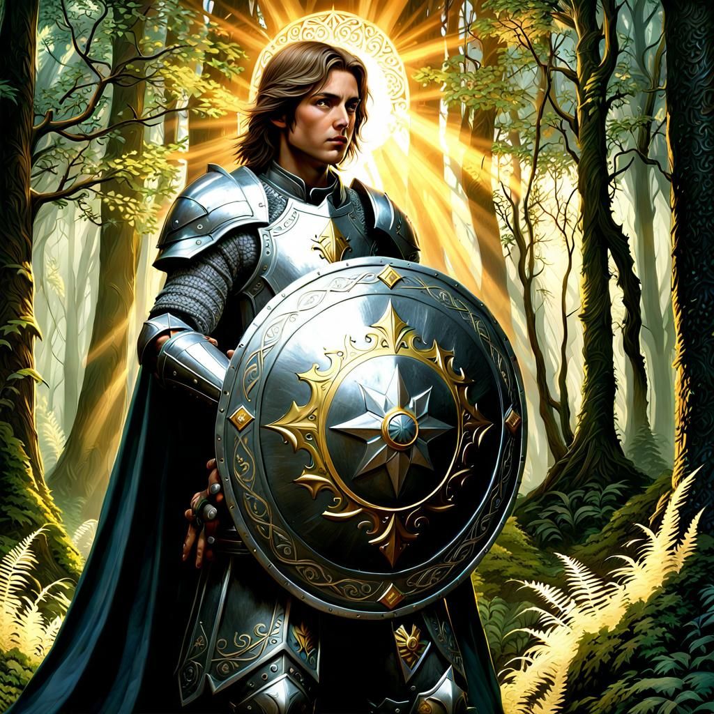 Gondorian Knight with Elaborate Shield in Fantasy Forest