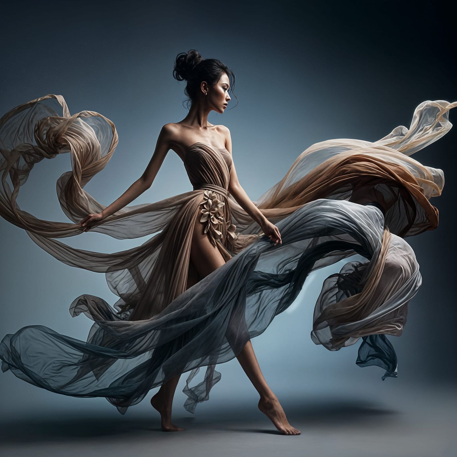 Asian Woman in Flowing Fabric, Studio Shot