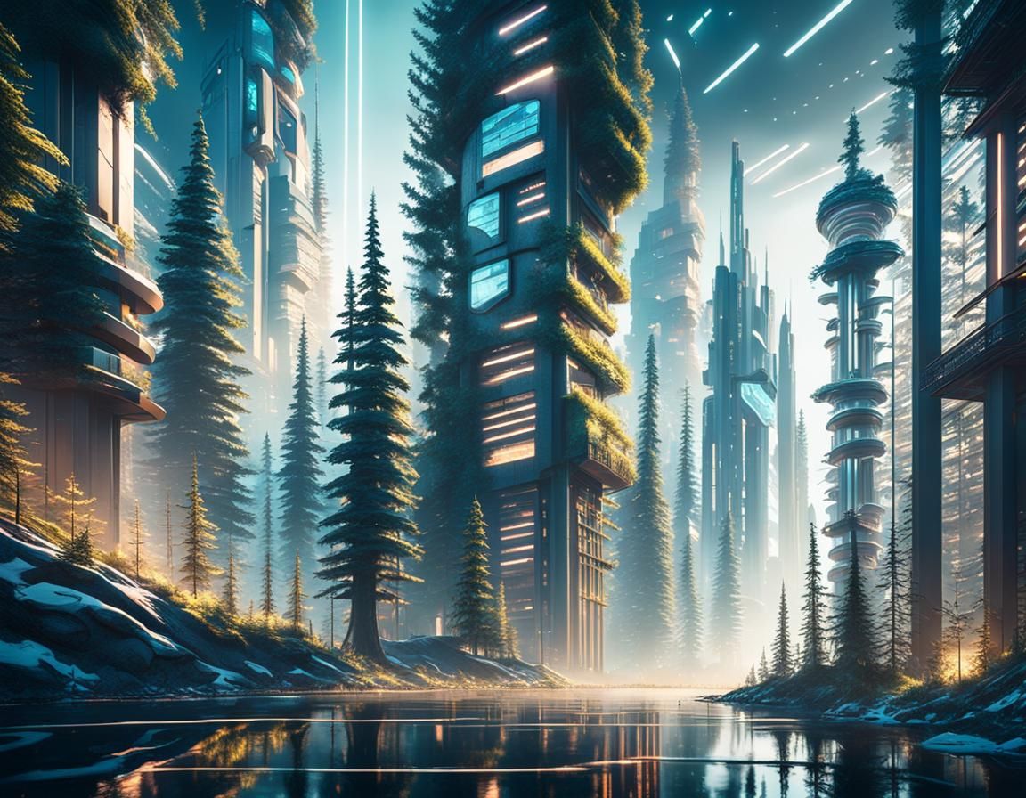 Utopian Cityscape Emerging from Boreal Forest