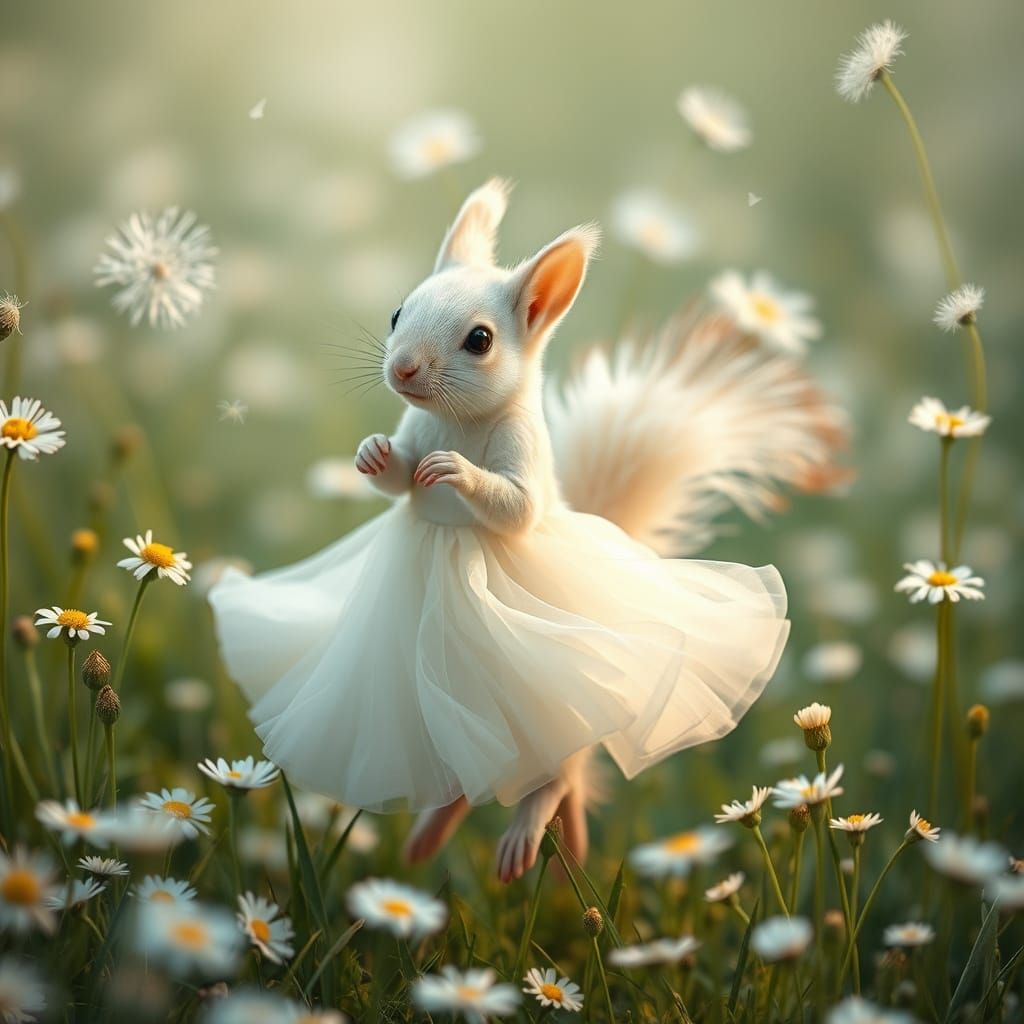 Albino Squirrel Dancing in a Dreamy Flower Field