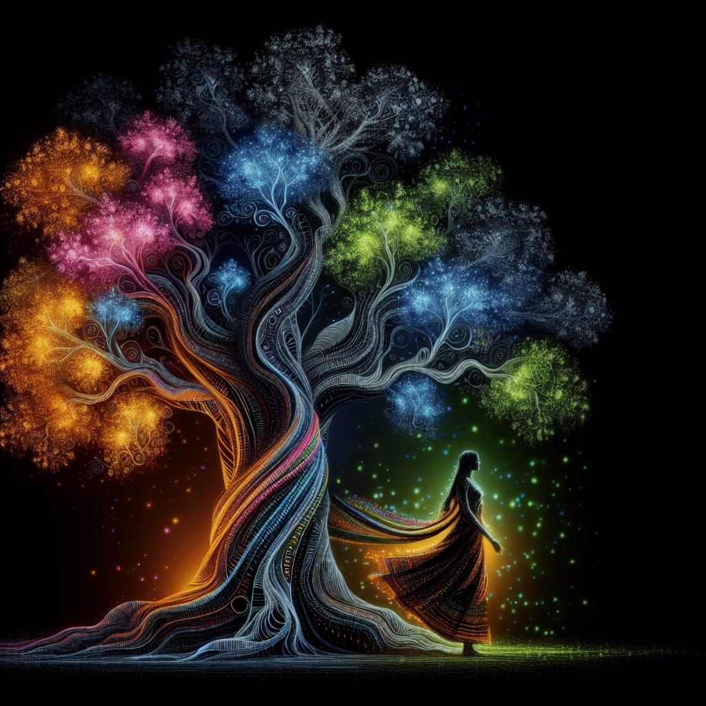 Vibrant Tree of Life with Human Figure: Blueprint Sketch