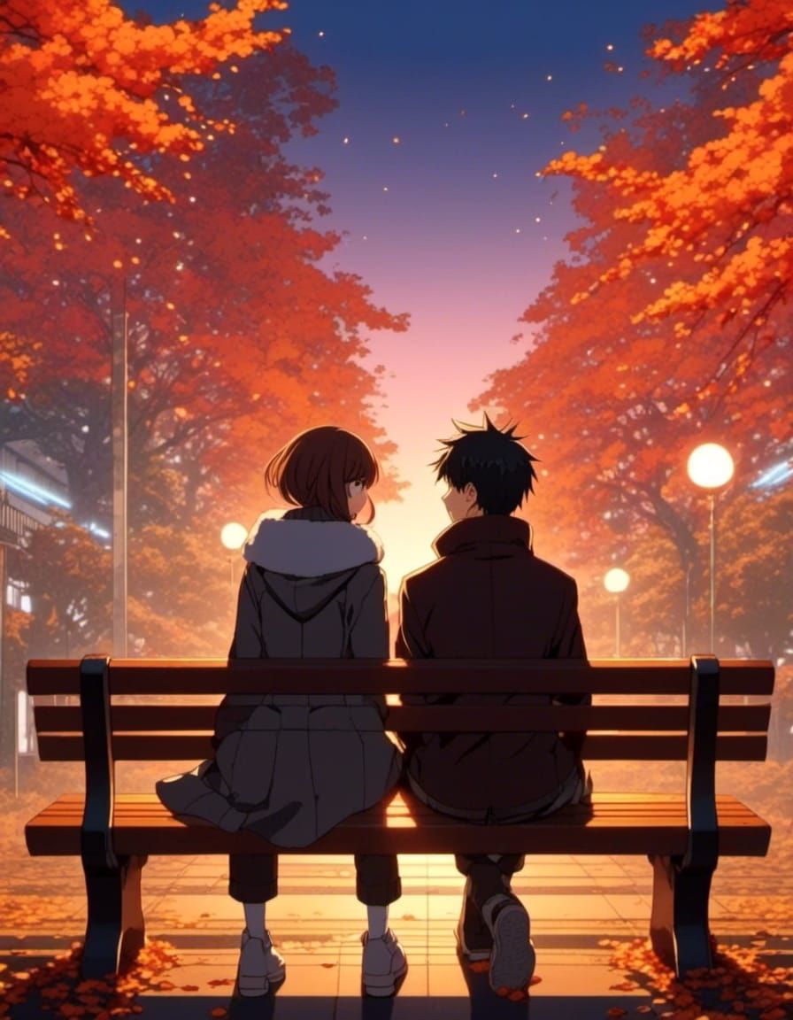 Anime couple sitting on a Tokyo park bench in the Autumn, sunset, fog, red, orange, yellow & brown <lora:Gridimation:1.0...