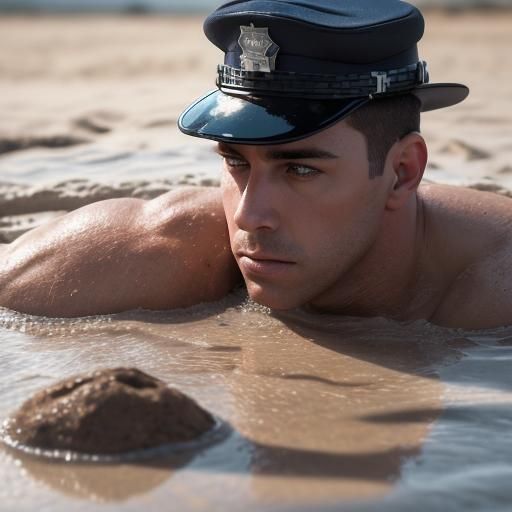 Male Police Officer Sinking in Quicksand: Professional Photo