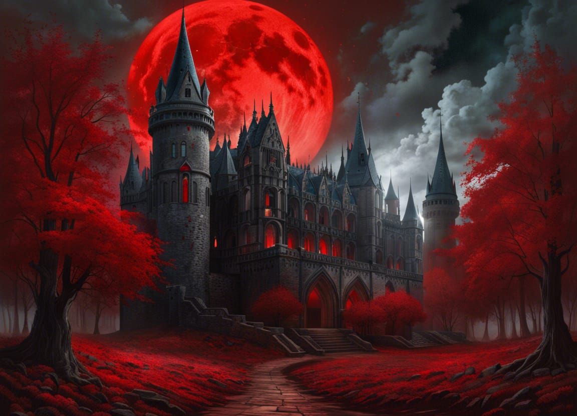 Ancient Gothic Castle with Red Moon in Dark Fantasy Style