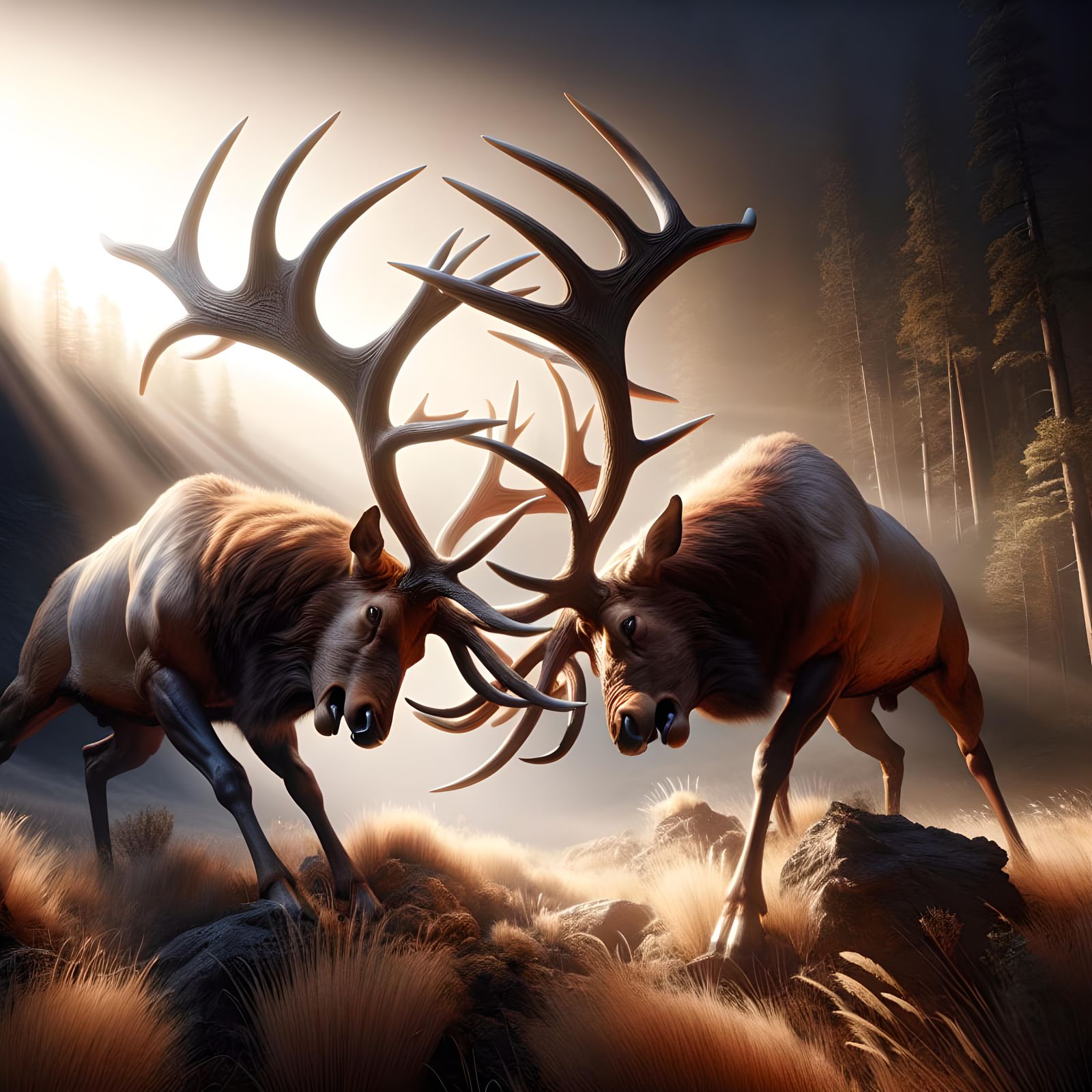 Elk Sparring in Mating Season: Hyperrealistic Concept Art
