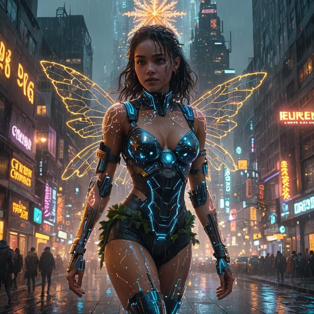 Cyberpunk Christmas Tree in Neon Cityscape