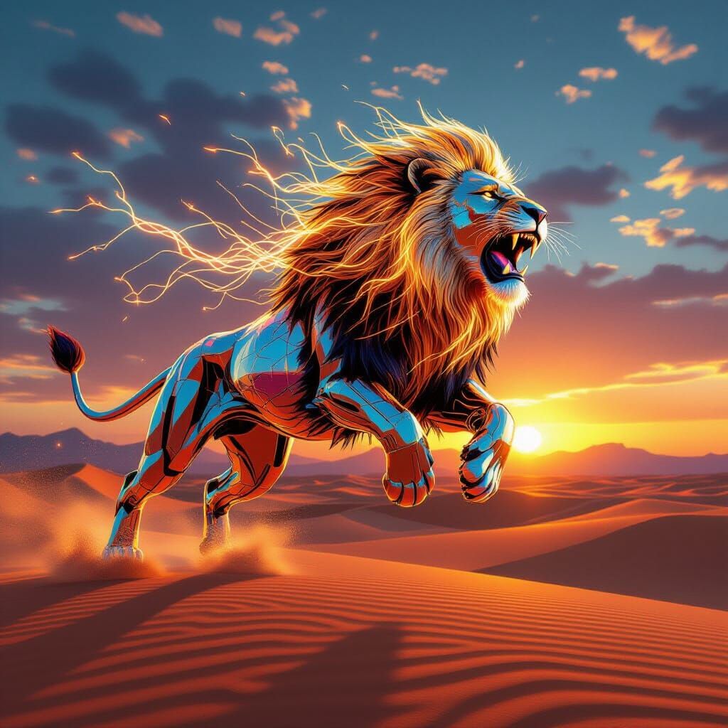 Glass Lion Leaping in Prismatic Desert Sunset