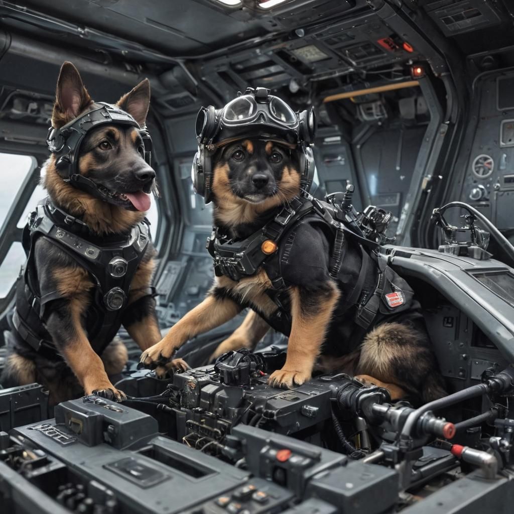 Kitten and German Shepherd Pilot a Mecha Cockpit