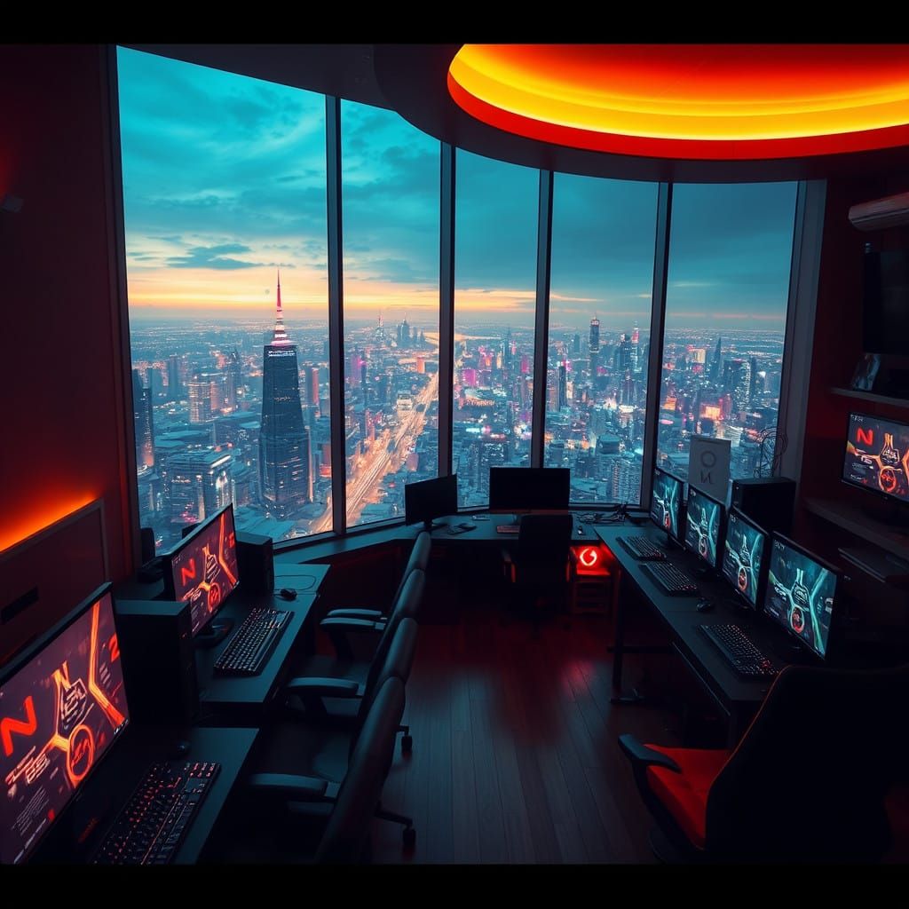 Gaming Lair in Neon Cyberpunk Futurism