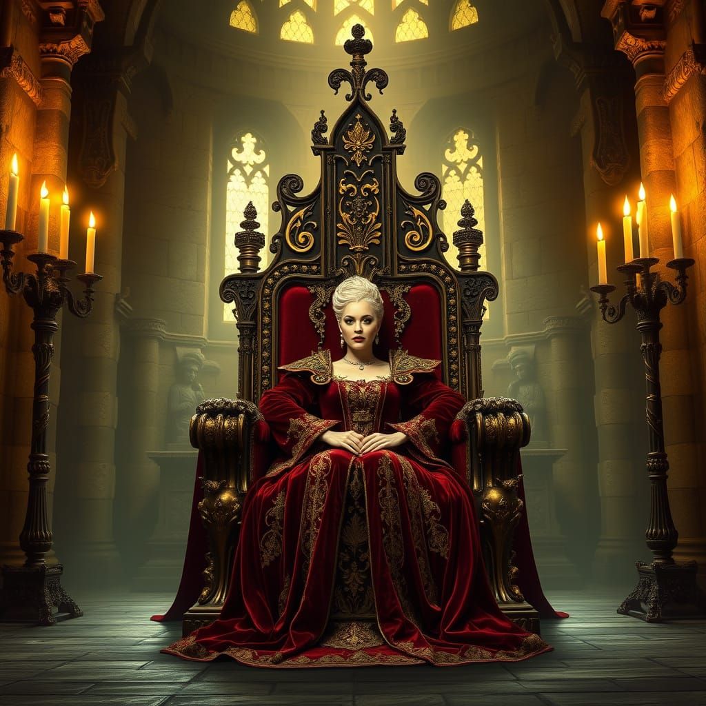 Renaissance Queen Seated on Gothic Throne in a Medieval Cast...