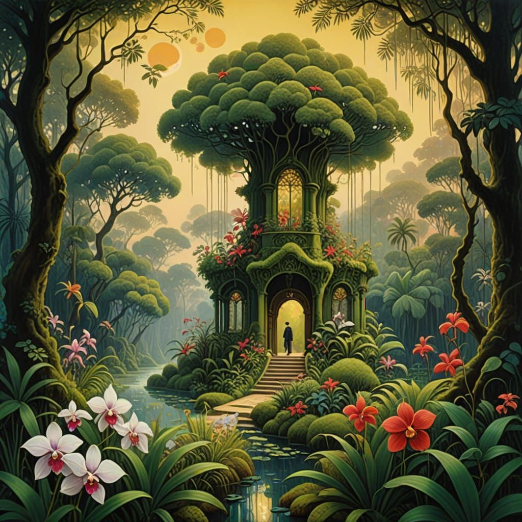 Lush Tropical Fantasy Mansion Amidst Golden Light Rainforest