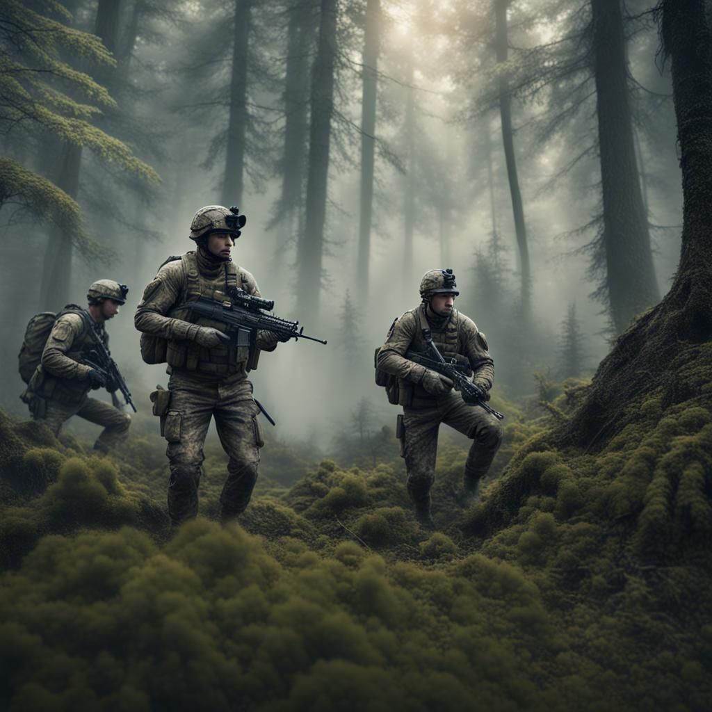 Camouflaged Marines in Forest: Photorealistic Cinematic Shot