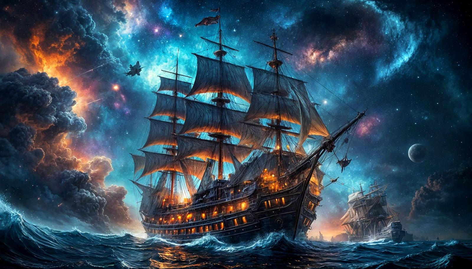 Galleon Sailing Through Nebula in Ethereal Fantasy Style