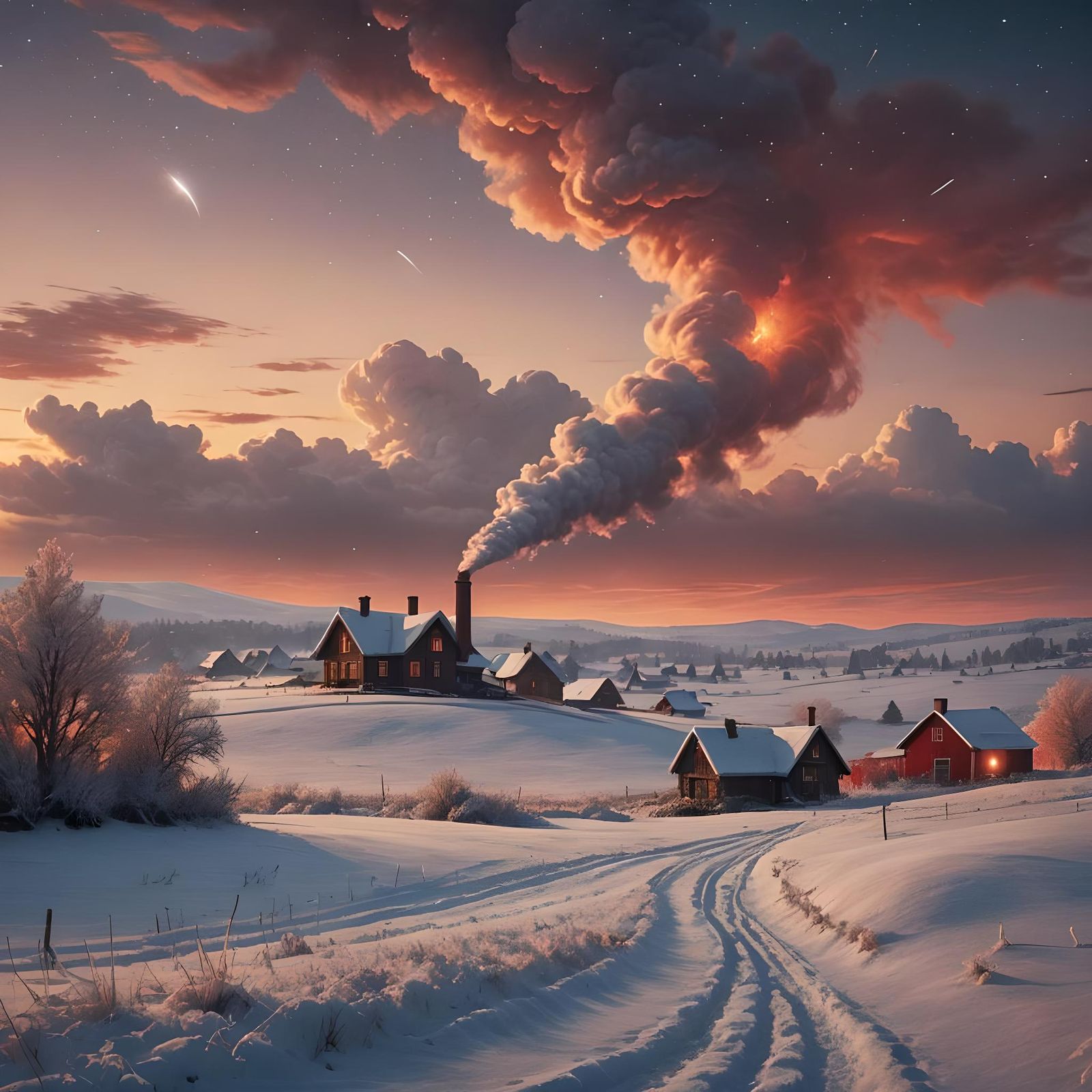 Winter Cottage at Sunset Under Starry Sky