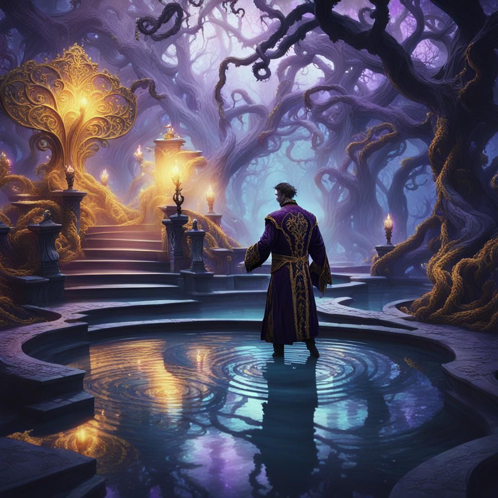 Man Enters Mystical Pool in Dark Fantasy Art