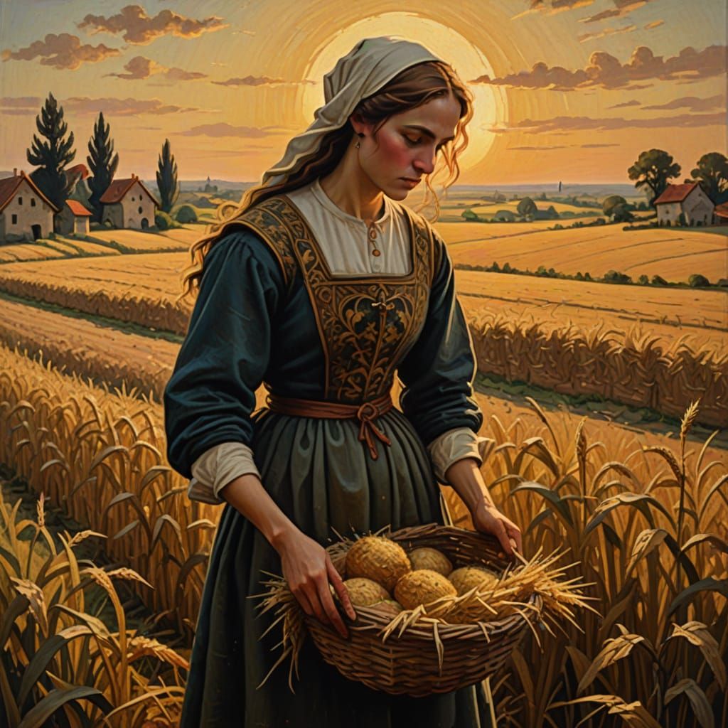 Medieval Woman Harvesting Straw in Golden Hour Oil Painting