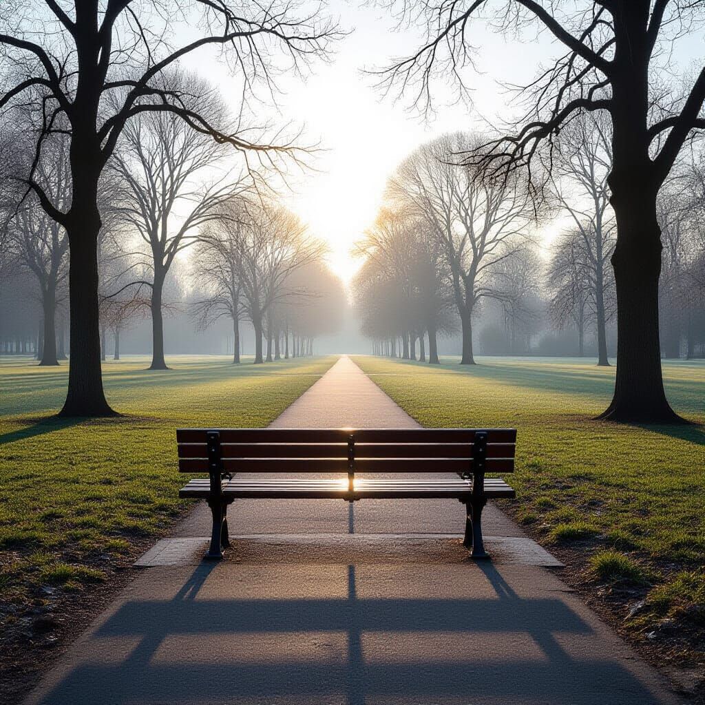 Solitary Bench in Foggy Park: Photorealistic 8K