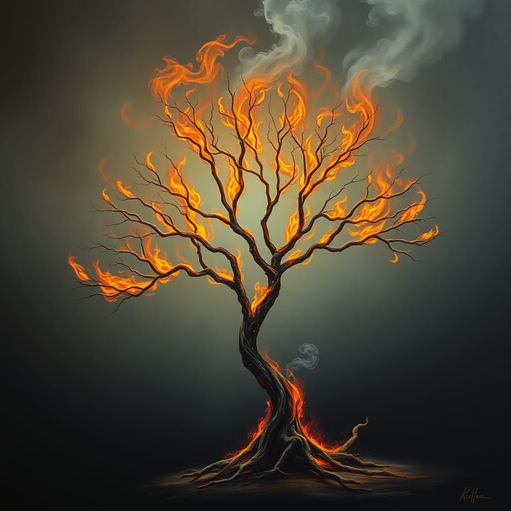 Fiery Tree in Surreal Dark Landscape