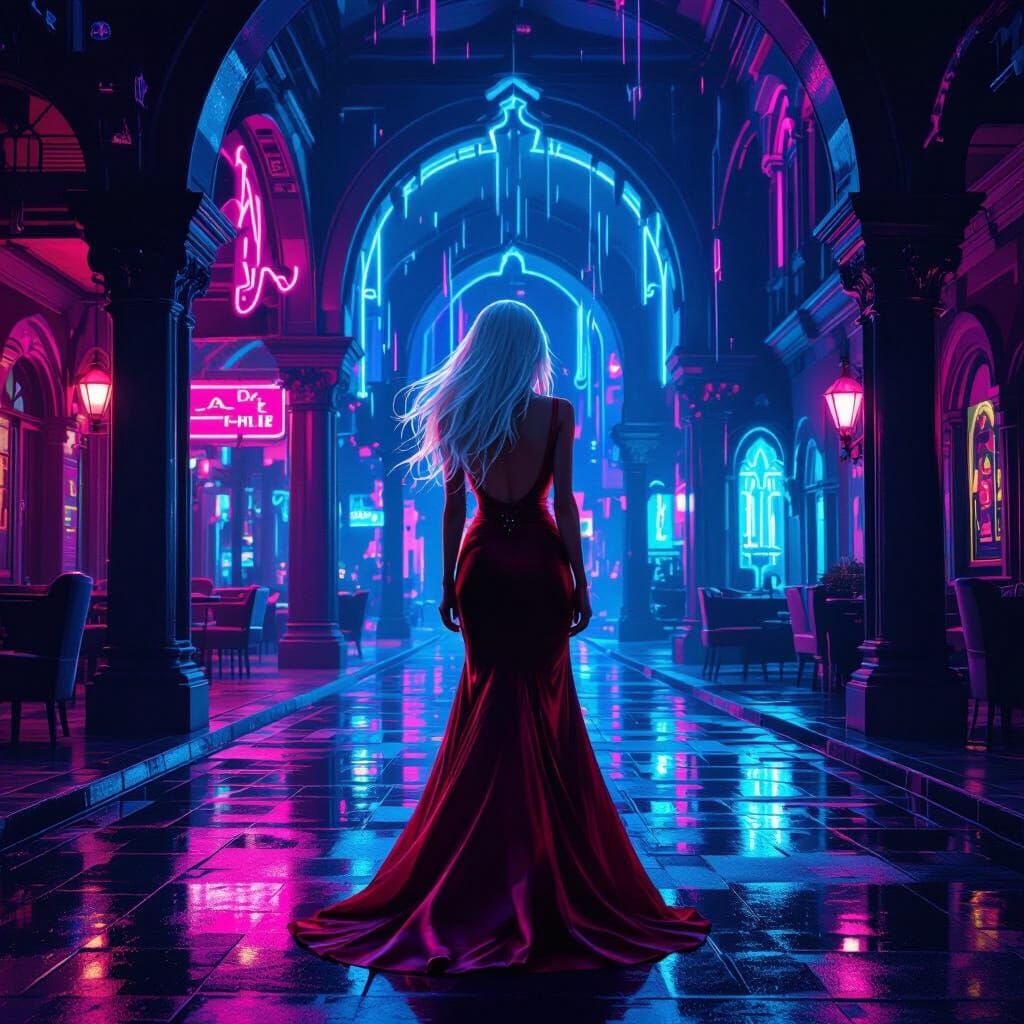 Retrowave Nightclub Art: Colonial Arches & Neon Glow