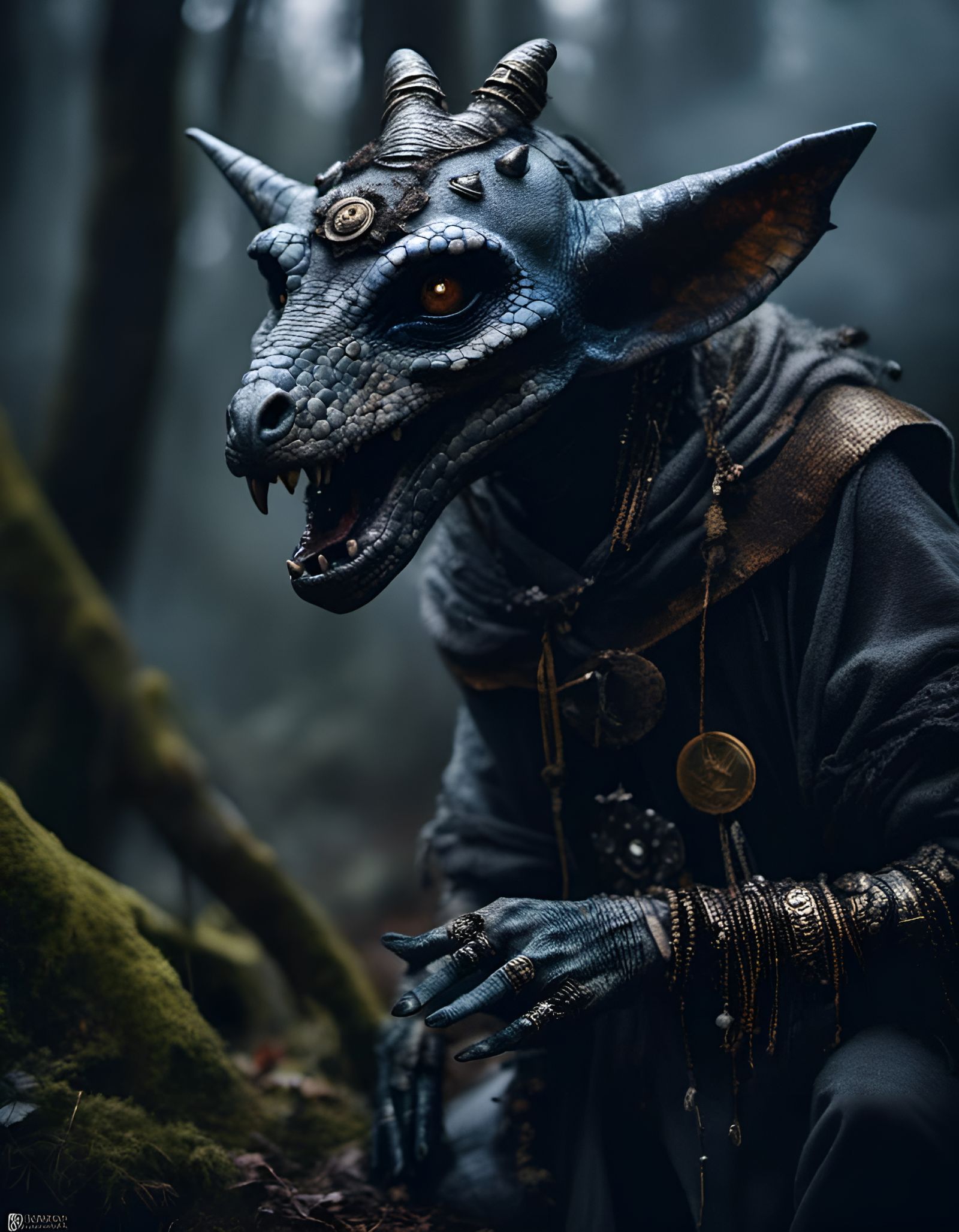 Sinister Reptilian Kobold Shaman in Brian Froud Style