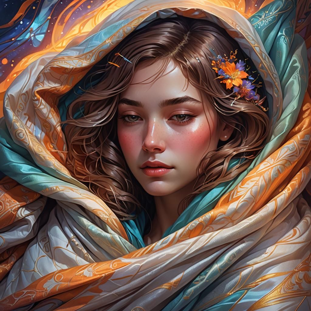Ethereal Portrait of Girl Sleeping in Glowing Blanket