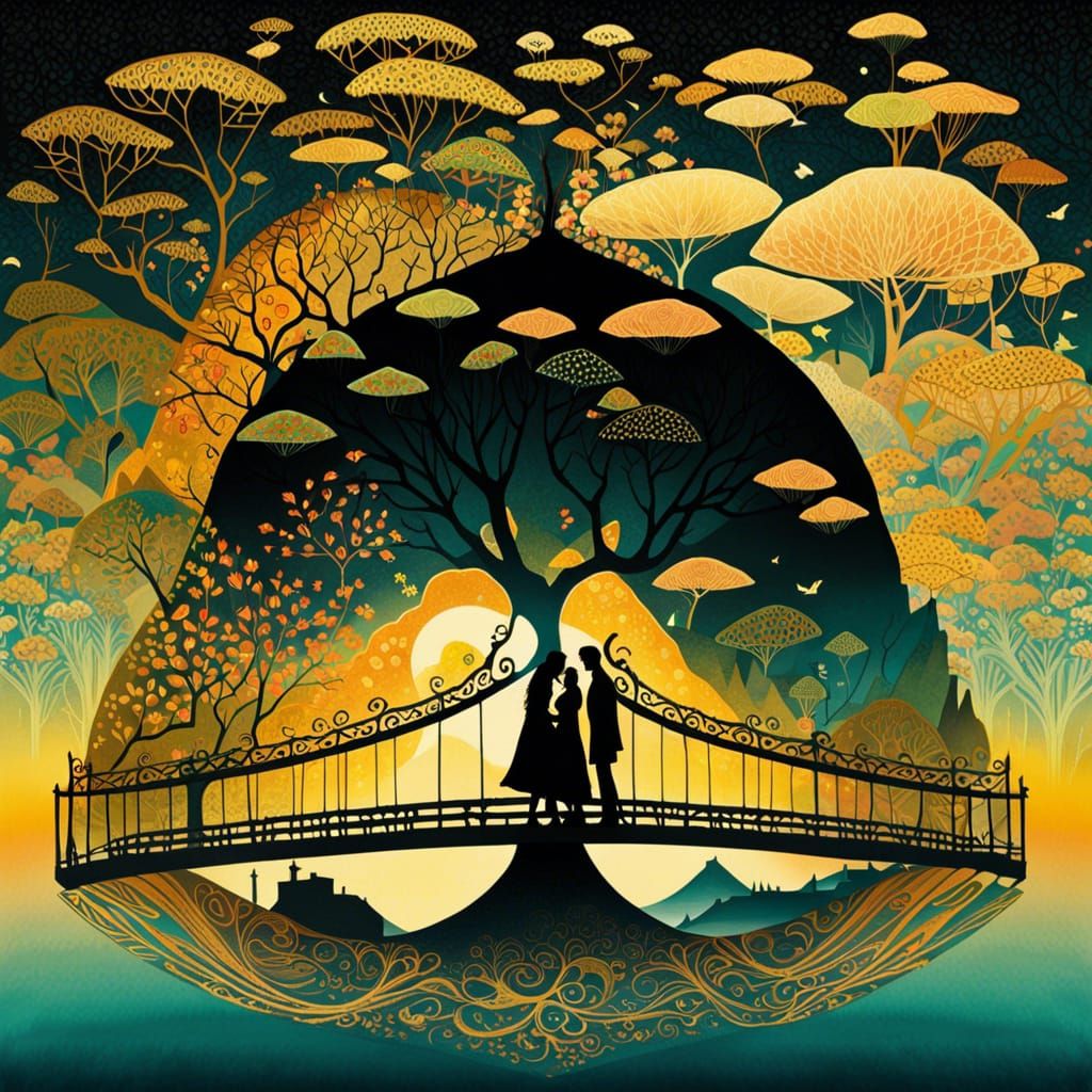 Golden Bridge: Surreal Silhouette Collage Art