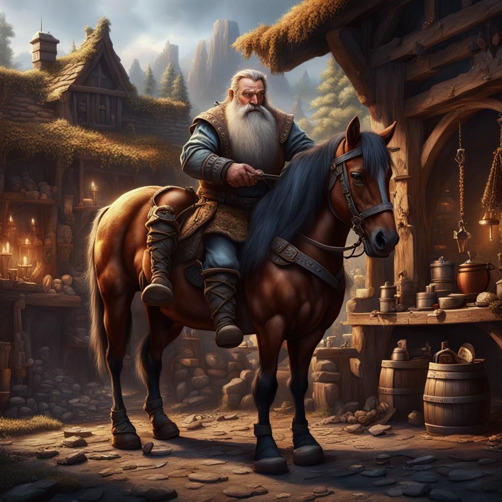 Dwarf Blacksmith Shoeing Horse, Fantasy Art