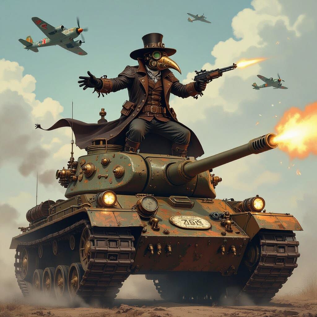 Steampunk Plague Doctor Tank Commander in Anime Sky