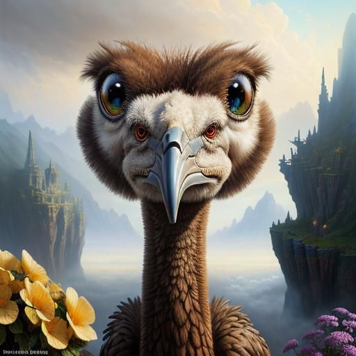 Surreal Ostrich Portrait with Alien Flowers
