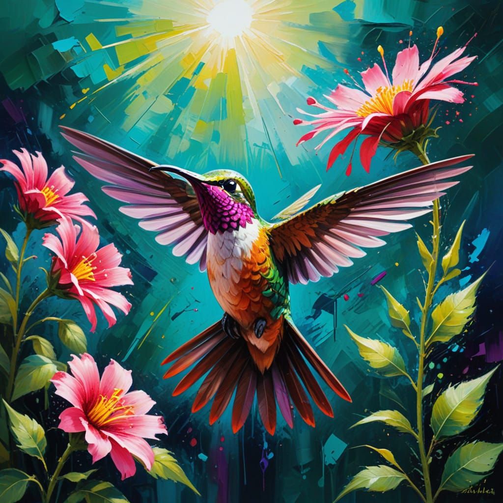 Vibrant Hummingbird in Neo-Expressionist Oil Painting