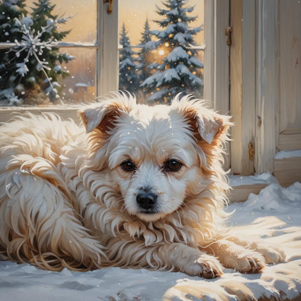 Impressionist Painting of Dog by Snowy Window