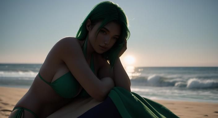 Girl in Green Bikini on Beach Blanket