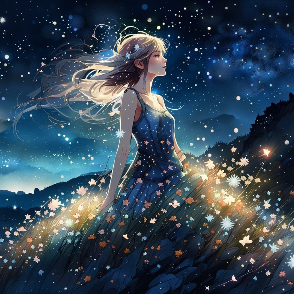 Fairy Gazing at Starry Sky Digital Painting