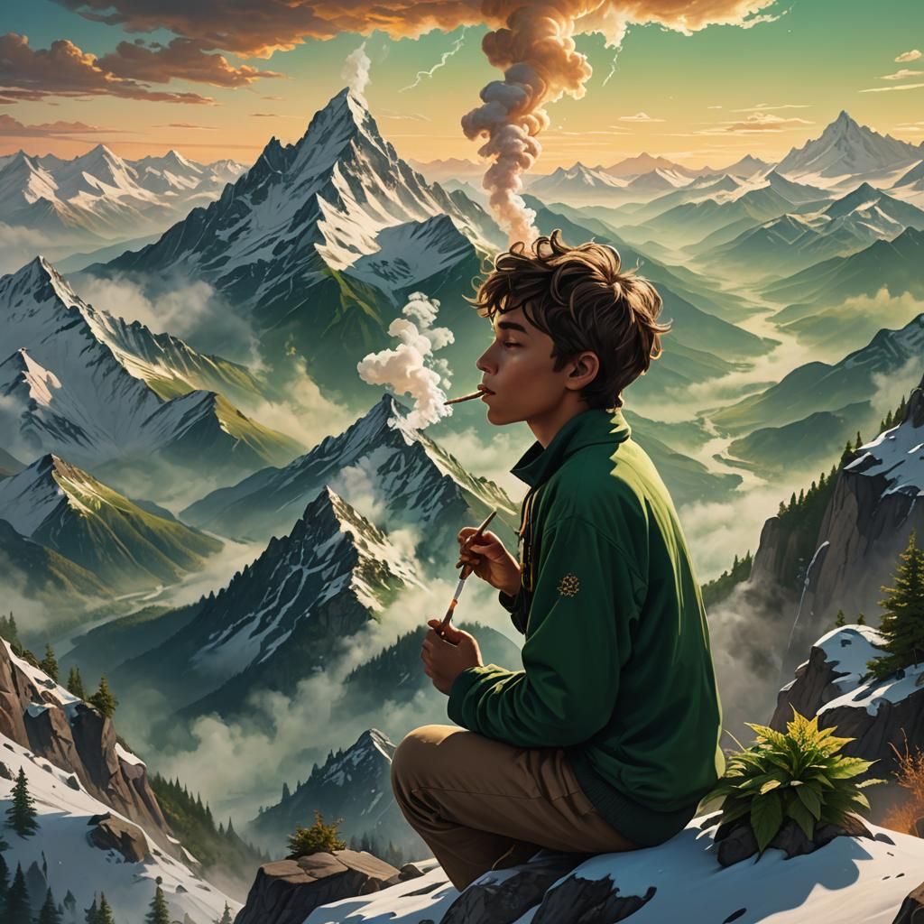 Boy Smoking Weed on Mountain Peak: Hyperrealistic Fantasy Ar...