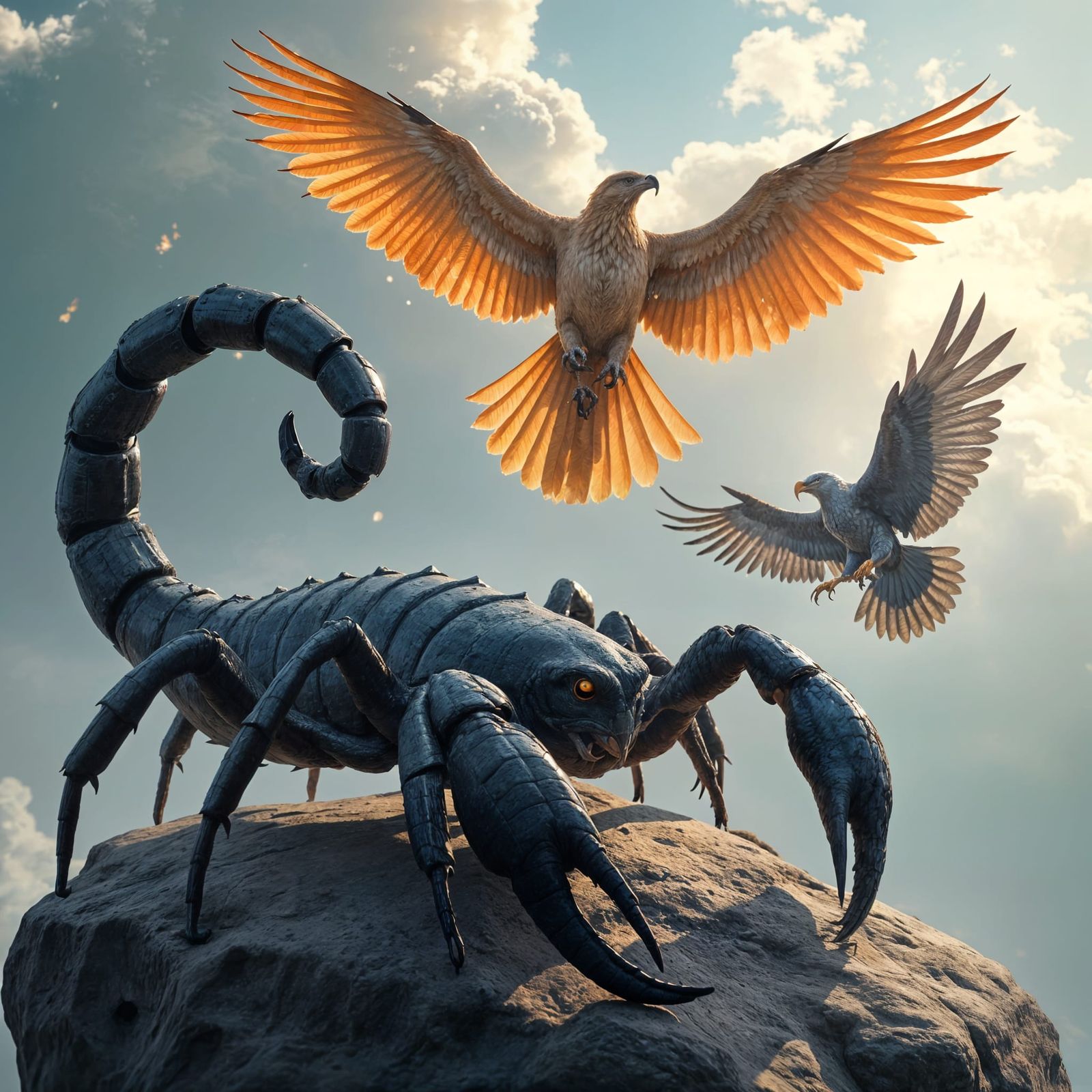 Detailed Black Scorpion with Phoenix and Eagle in Matte Pain...