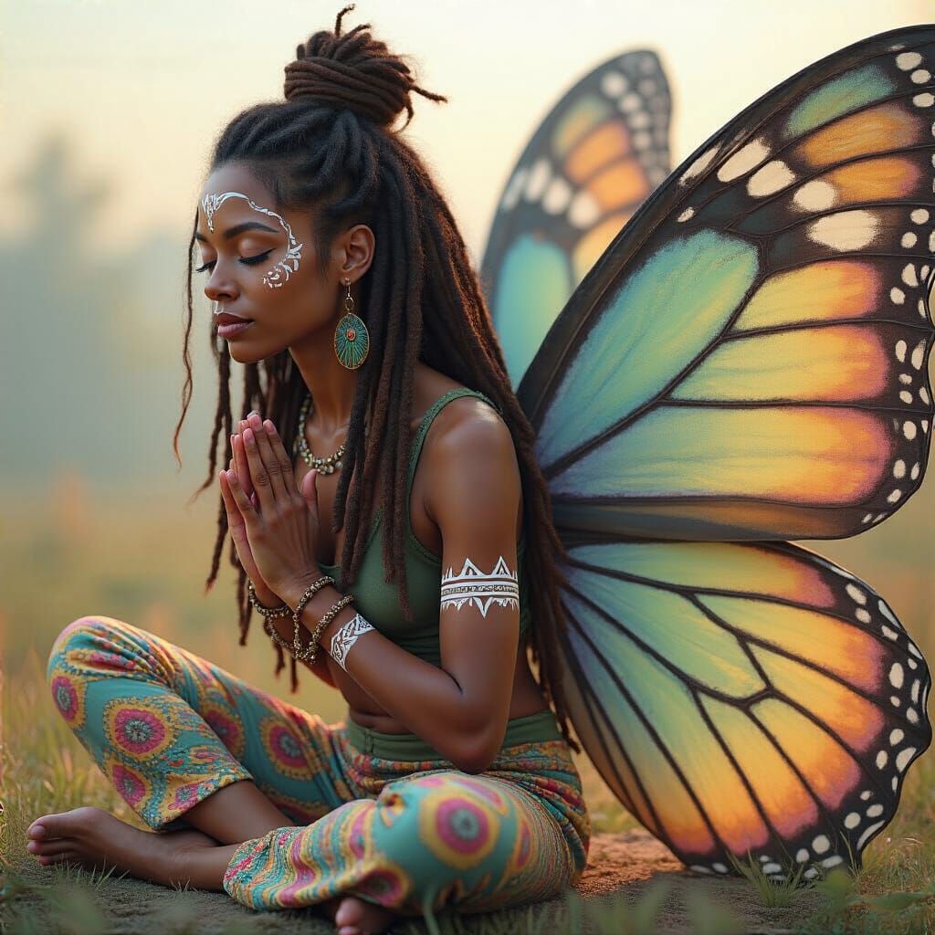 Meditative Woman with Butterfly Wings in Haze