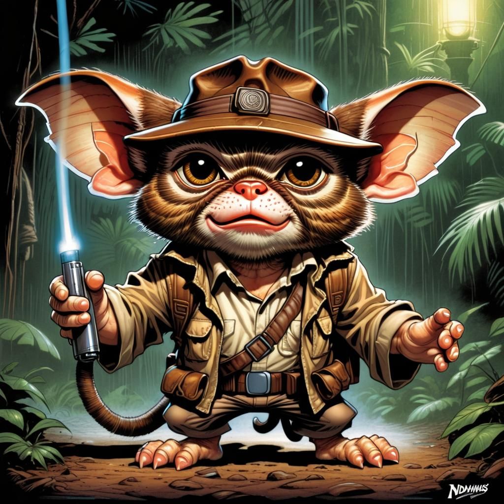 Gizmo as Indiana Jones in Comic Book Art