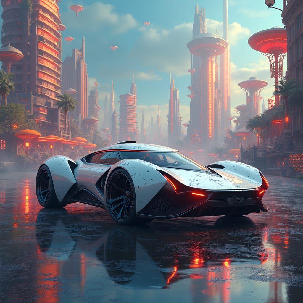 Futuristic Sports Car in Surreal Cityscape