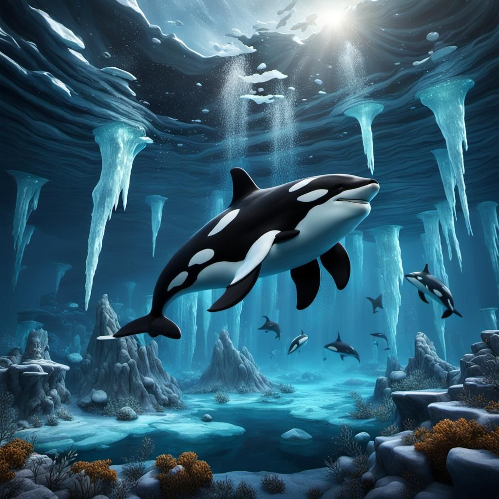 Arctic Underwater Scene with Orcas in Detailed Matte Paintin...