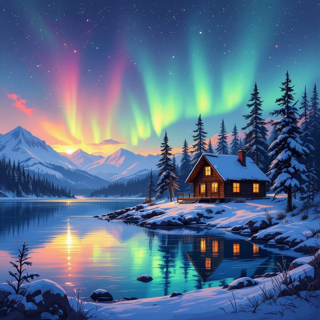 Alpine Cabin Under Aurora Borealis: Artstation-Inspired Pain...