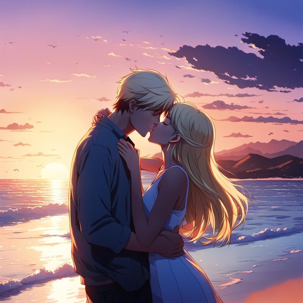 Romantic Sunset Kiss: Anime-Style Cel-Shaded Beach Scene