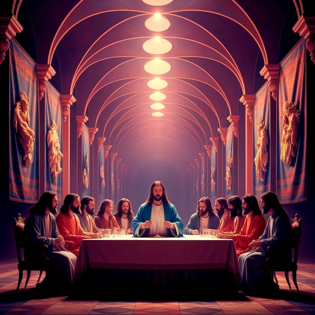 Jesus Christ at the Last Supper in a Fantastical Dining Hall