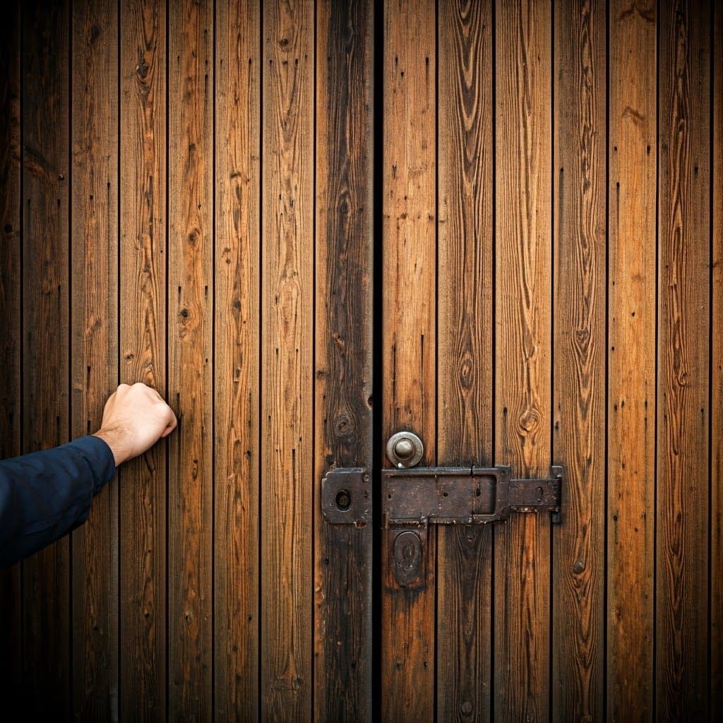 Hand Knocks on Wooden Door: Seeking Entry