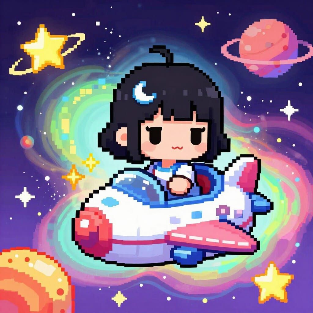 Adorable Chibi Girl Piloting Spaceship in Pixel Art Nebula