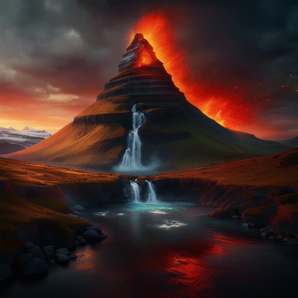 Fiery Kirkjufell Mountain Waterfall: Fantasy Art