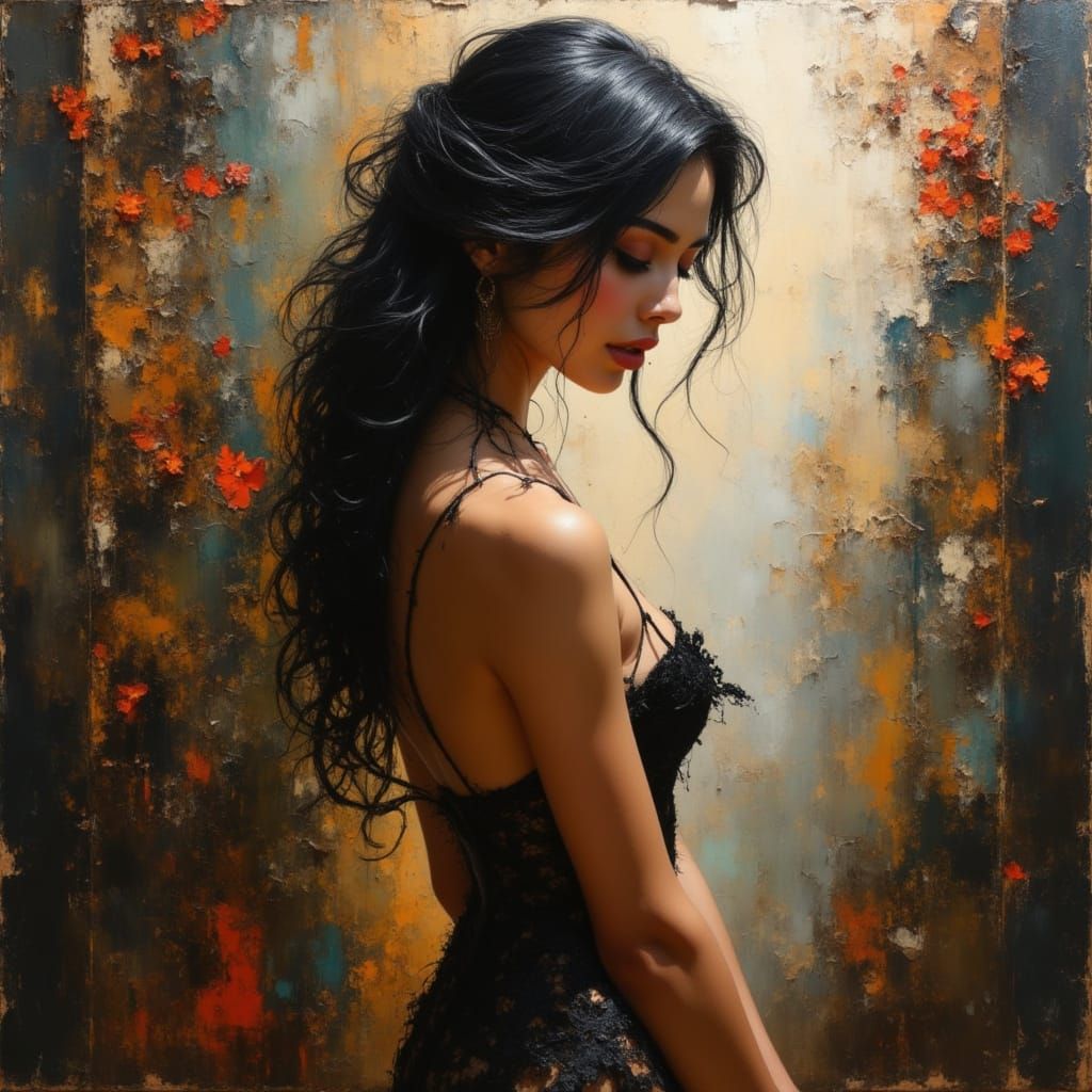 Elegant Woman with Raven Hair in Impasto Oil Painting