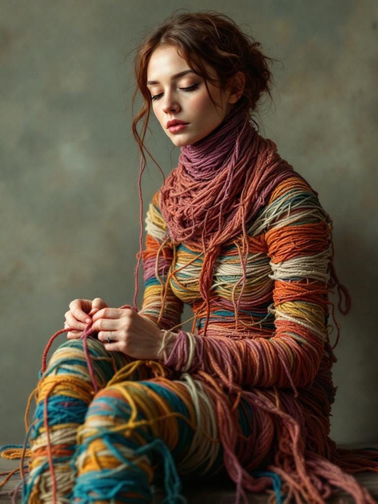 Woman Knitting Herself: Aged Fresco Technique